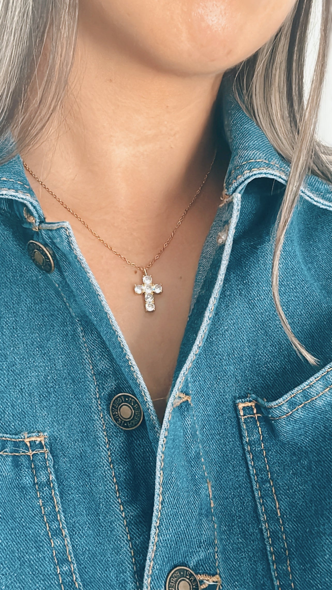 Stainless Steel - Gold Cross Sirconia Earrings and Necklace (Set)